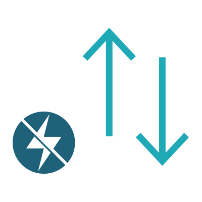 Circle with crossed-out bolt, up arrow, and down arrow symbols