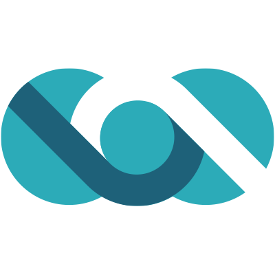 Teal and dark blue abstract shapes forming a circular logo