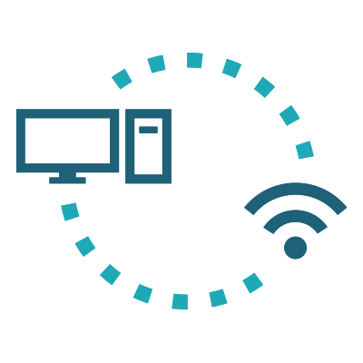 Computer linked to Wi-Fi via dotted circular lines symbol