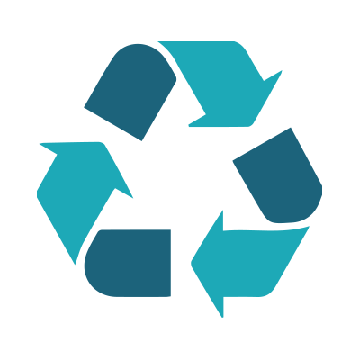 Teal and dark blue recycling symbol with three interlocking arrows