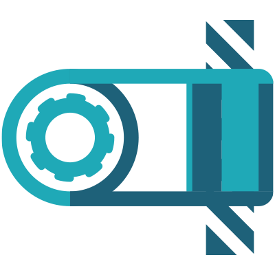 Teal video camera icon with circular lens and diagonal accent lines