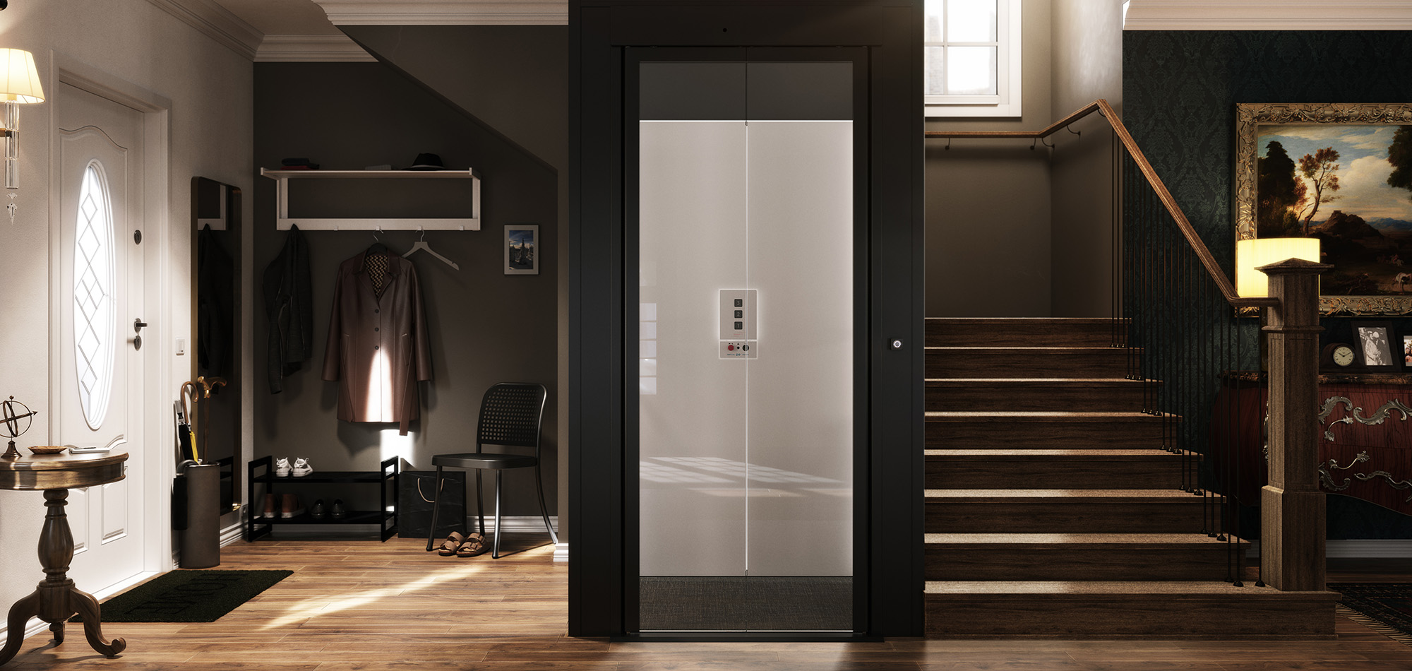 A small elevator lift installed in a Swedish home. Picture 1.