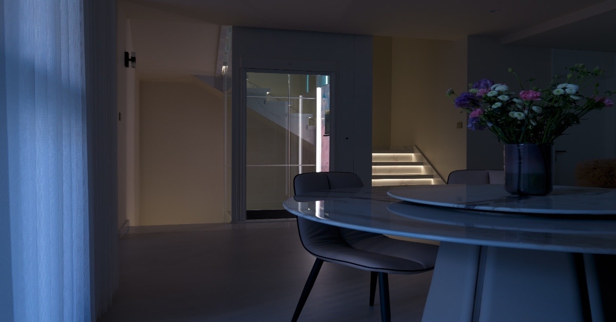 Desain lift rumah modern yang menyatu dengan interior minimalis menggunakan kaca, pencahayaan LED, dan material elegan di hunian Indonesia