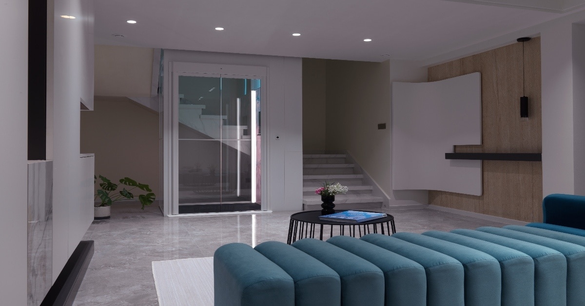 Desain lift rumah modern yang menyatu dengan interior minimalis menggunakan kaca, pencahayaan LED, dan material elegan di hunian Indonesia